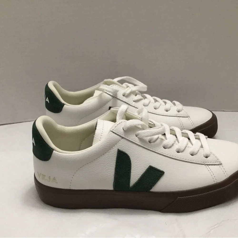 Veja White Sneakers with Green V Logo and Brown Sole